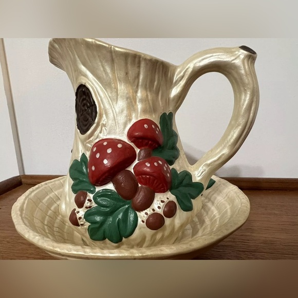 Vtg Pitcher With Bowl Ceramic Mushroom Log Stump Acorn Oak Leaves witchy cottage - Picture 2 of 16
